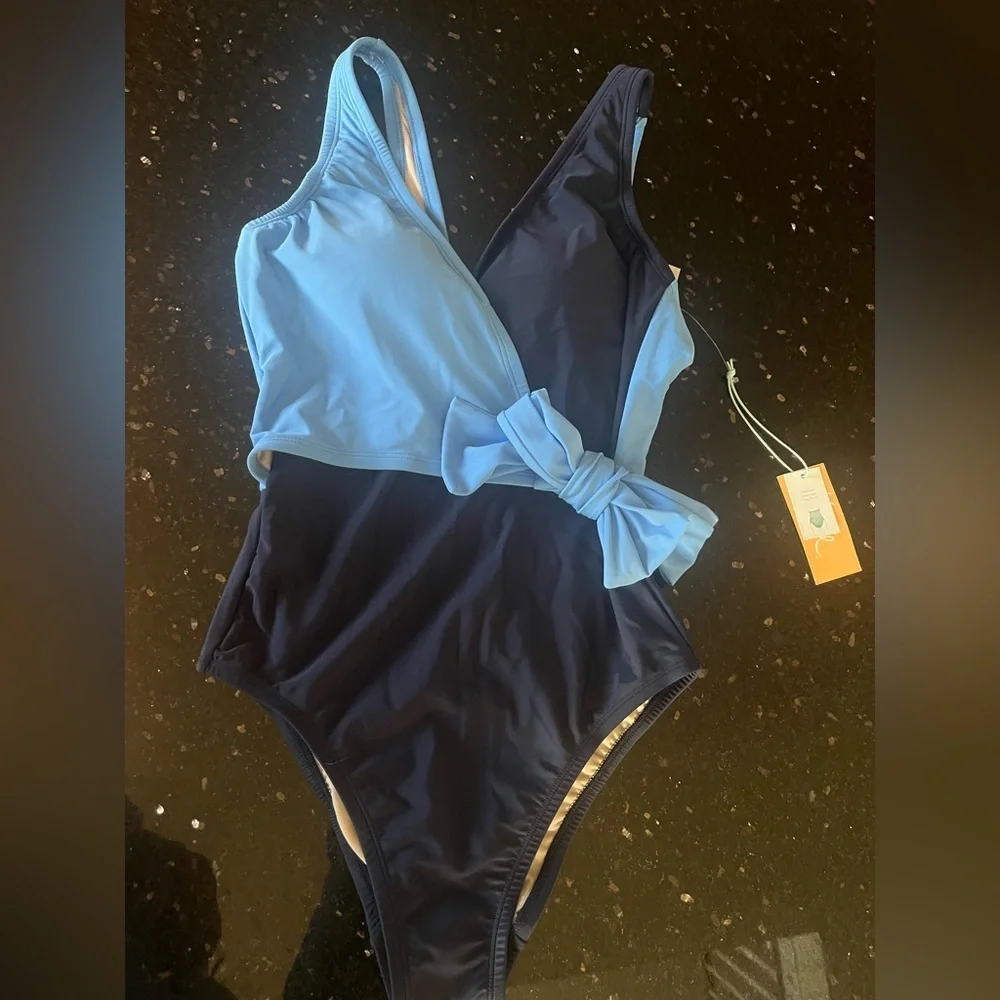 Kona Sol blue color block medium coverage swim suit
